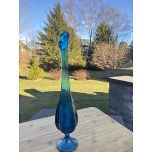 Viking Glass Epic Bluenique 6-Petal Swung Bud Vase 16” Vintage MCM Art Glass